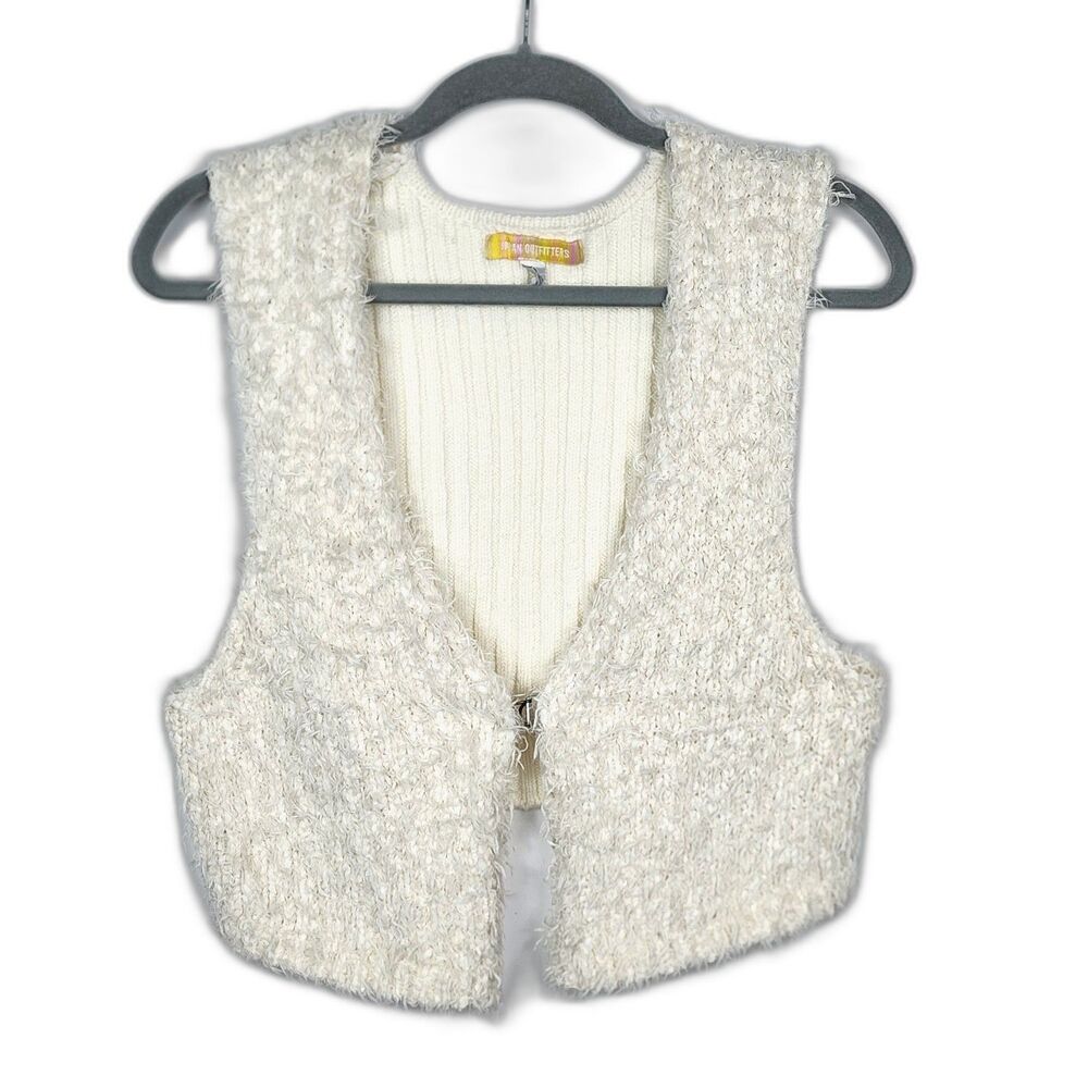 Urban Outfitters Y2K Fuzzy Sweater Vest Open Front Crop Top Cream White Size L